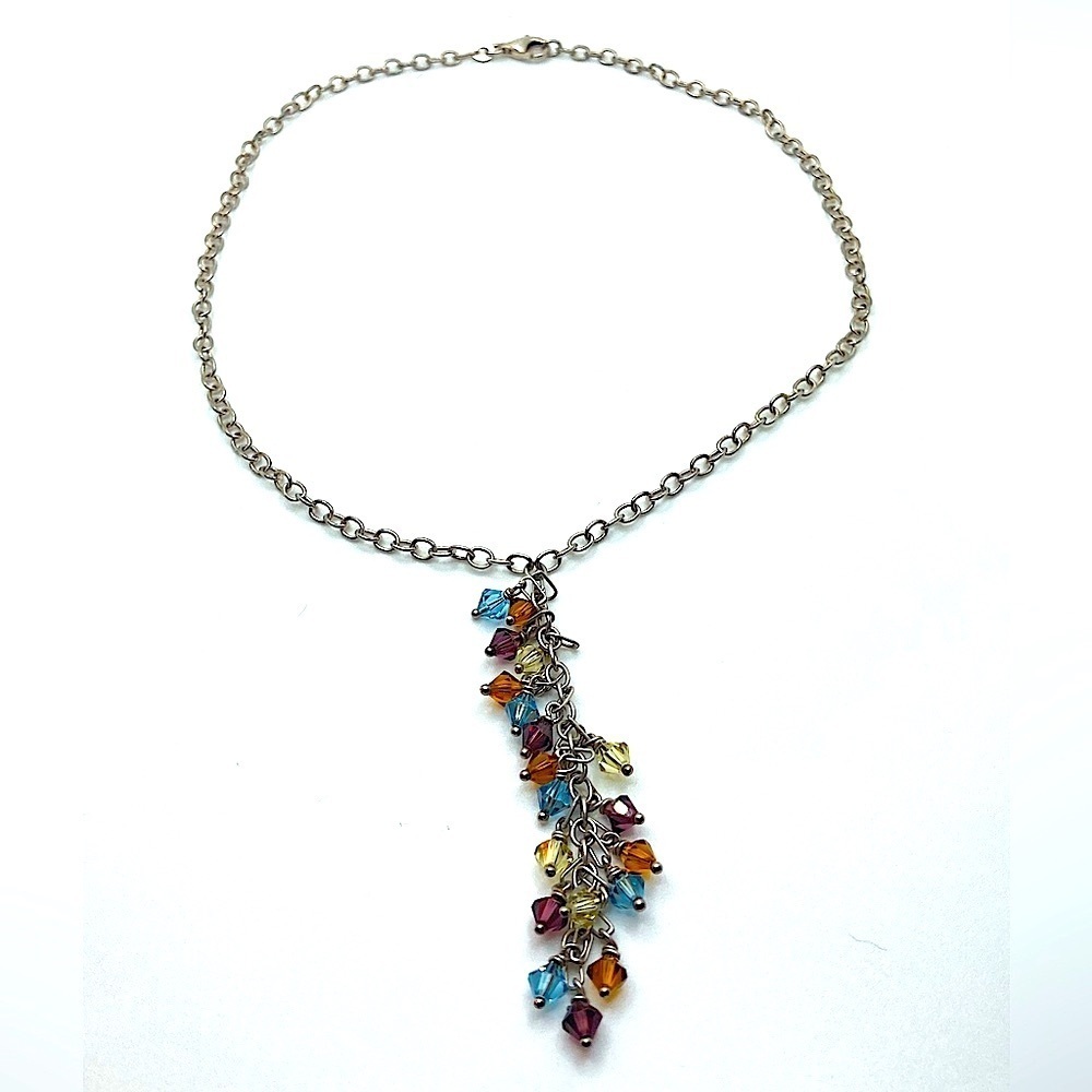 STERLING & Crystal Multi Colour Crystal Drop Necklace 16” w 3” Drop MHJ 925